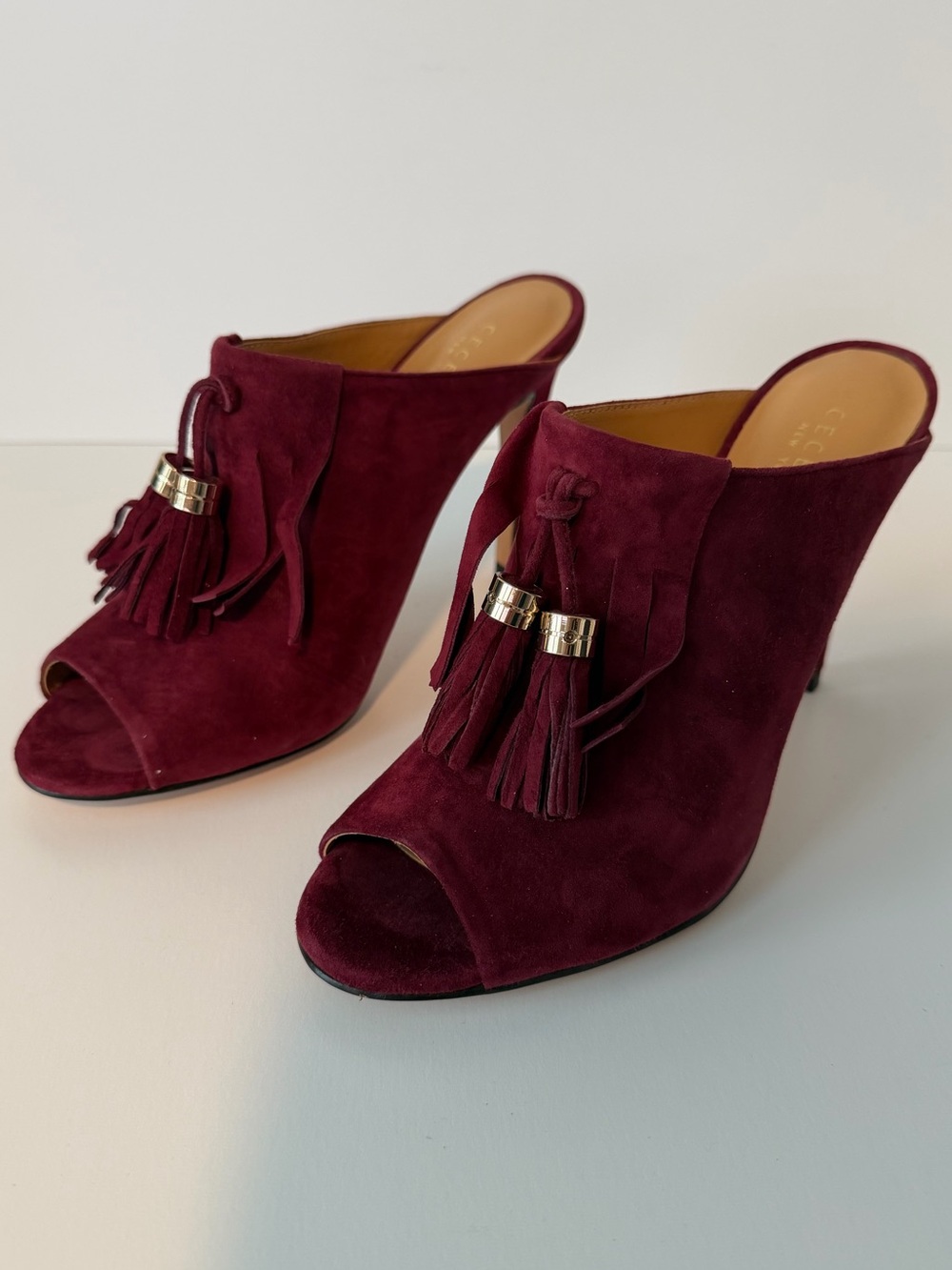 Cecelia New York Mary Burgundy Suede Tassel Mule Heels, Size 7